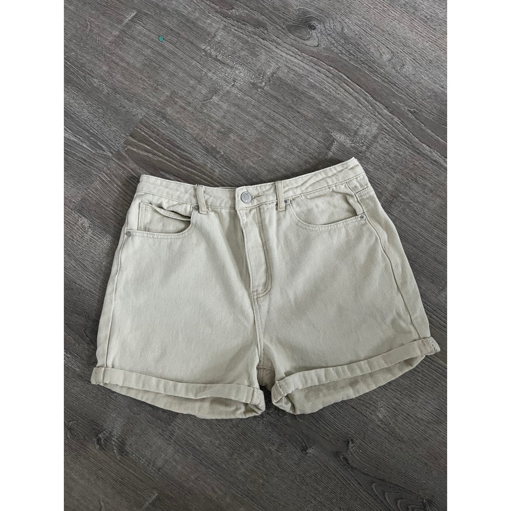 The Rockn Rev Cream Denim High Waisted Rolled Hem Shorts neutral women's Size 10